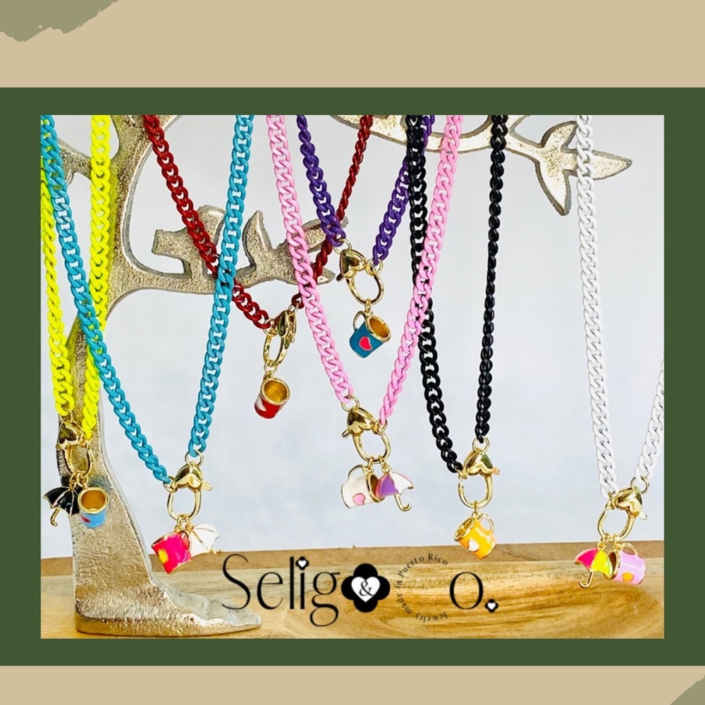 Color chain necklace with 18k gold plated brass charm made to costume